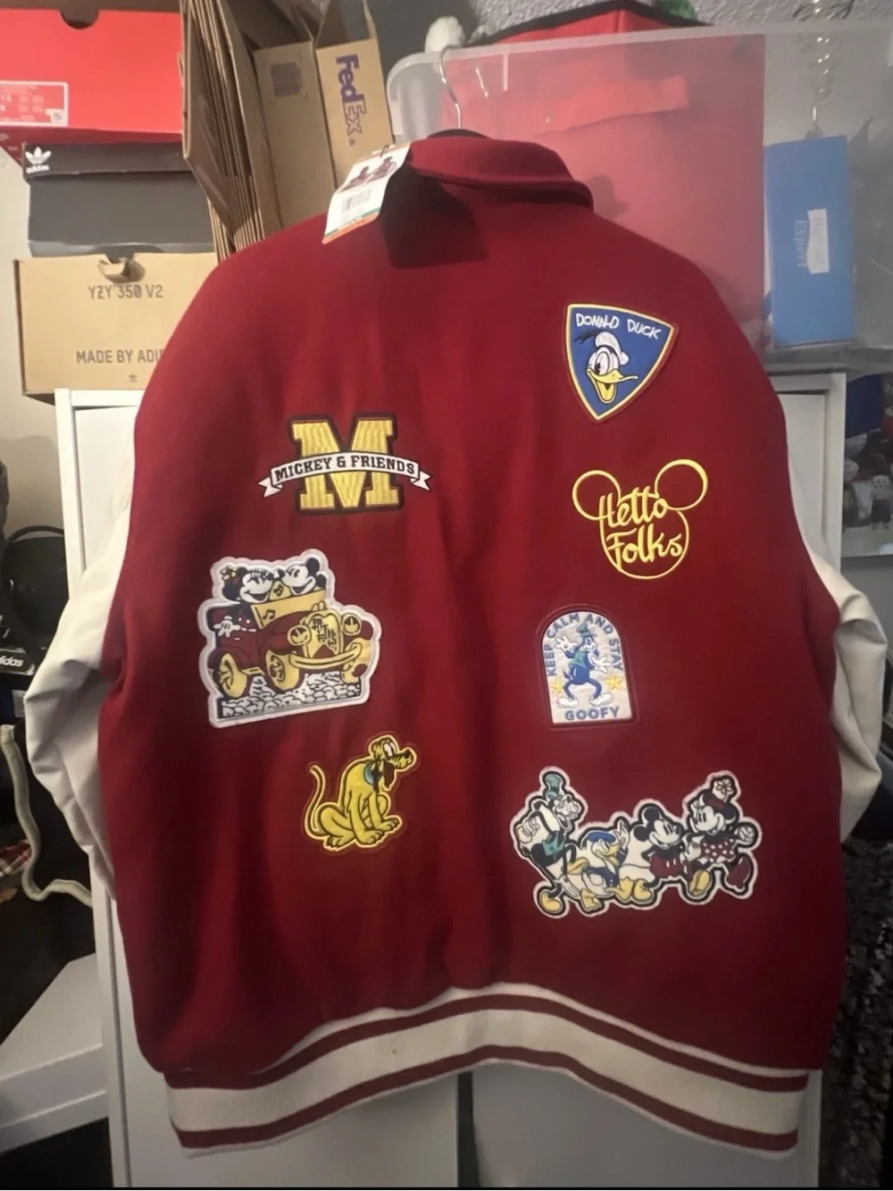 Red and White Varsity Bomber Jacket with Mickey Logo Size Men XLarge/Women XXLar